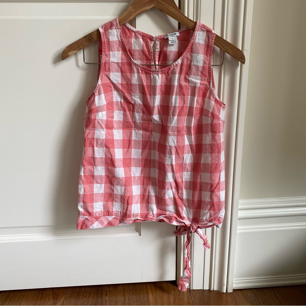 JCrew Cotton Linen Sleeveless Gingham Checkered Pink Red Top with Bow Size 0